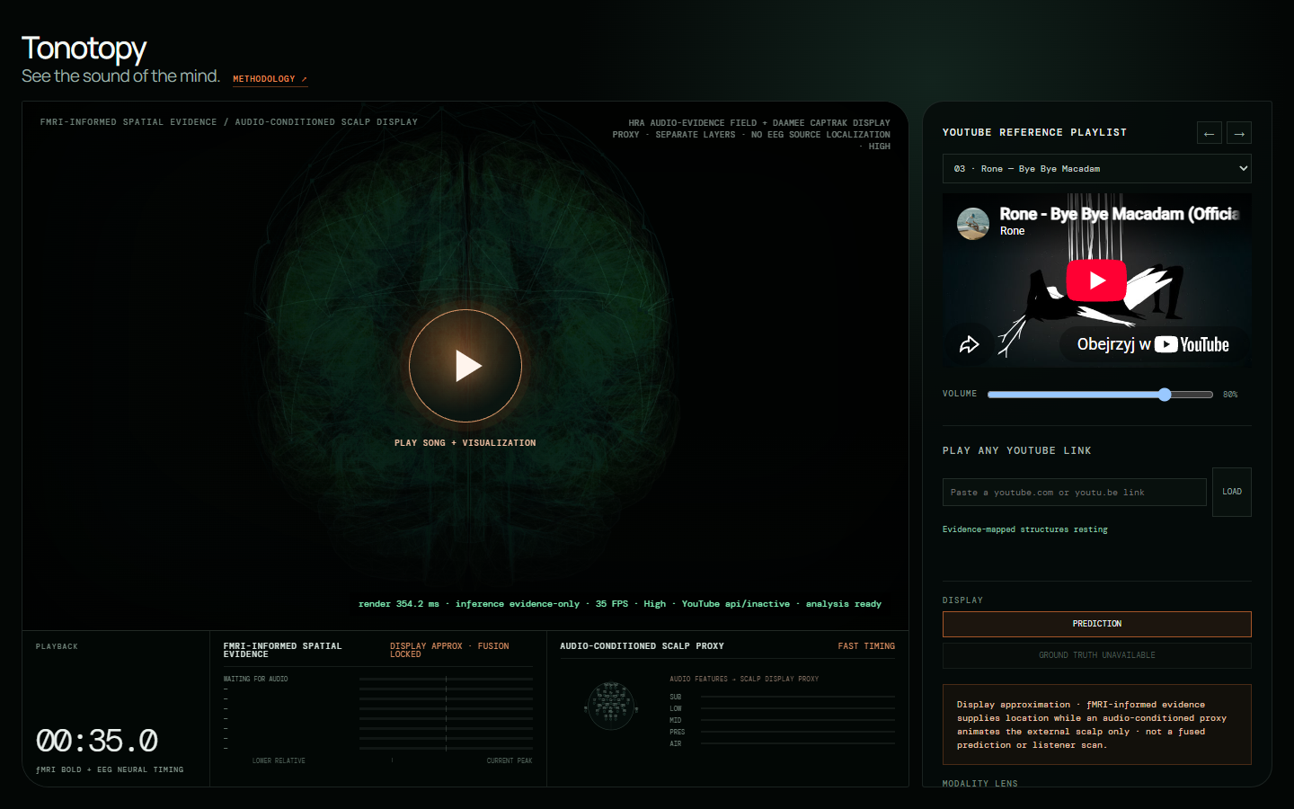 Tonotopy interface showing an interactive brain visualization beside YouTube audio controls